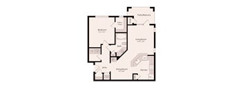 A floor plan of a house with a bedroom, living room, kitchen, dining room, bathroom, and a patio/balcony.