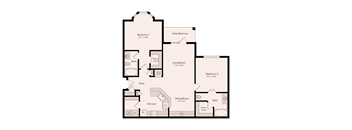 A floor plan of a house with two bedrooms, a living room, a dining room, a kitchen, and an entry.