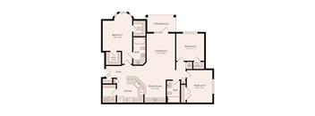 A floor plan of a house with three bedrooms, a living room, a dining room, a kitchen, and a bathroom.