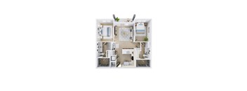 A top down view of a small apartment with a kitchen, living room, and bathroom.
