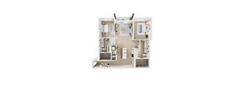A top down view of a small apartment with a kitchen, living room, and bathroom.
