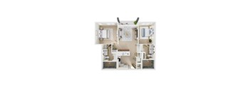 A top down view of a small apartment with a kitchen, living room, and bathroom.