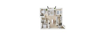 A white model of a house with a kitchen, living room, and bathroom.
