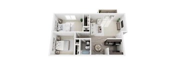 A floor plan of a small apartment with a kitchen, living room, and two bedrooms.