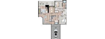 A floor plan of a house with a garage and a master bedroom.