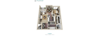 A floor plan of a one bedroom apartment with a bathroom and total area of 875 square feet.