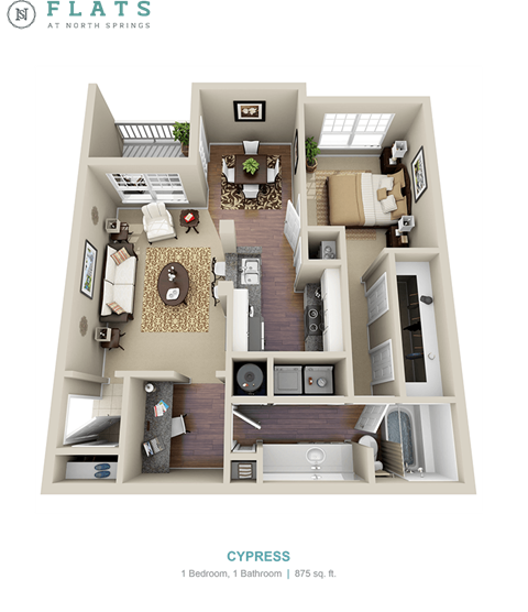 A floor plan of a one bedroom apartment with a bathroom and total area of 875 square feet.