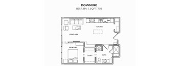 A black and white image of a floor plan for a downing apartment.