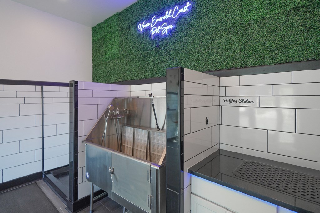 a green wall with a neon sign