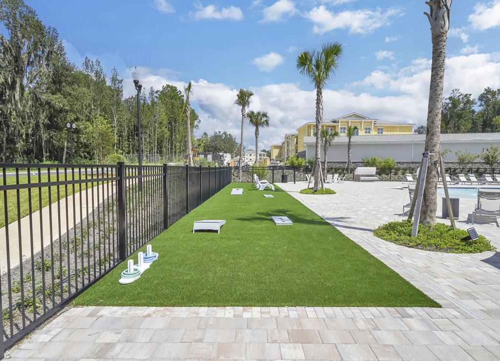 a grassy area with chaise lounges and palm trees