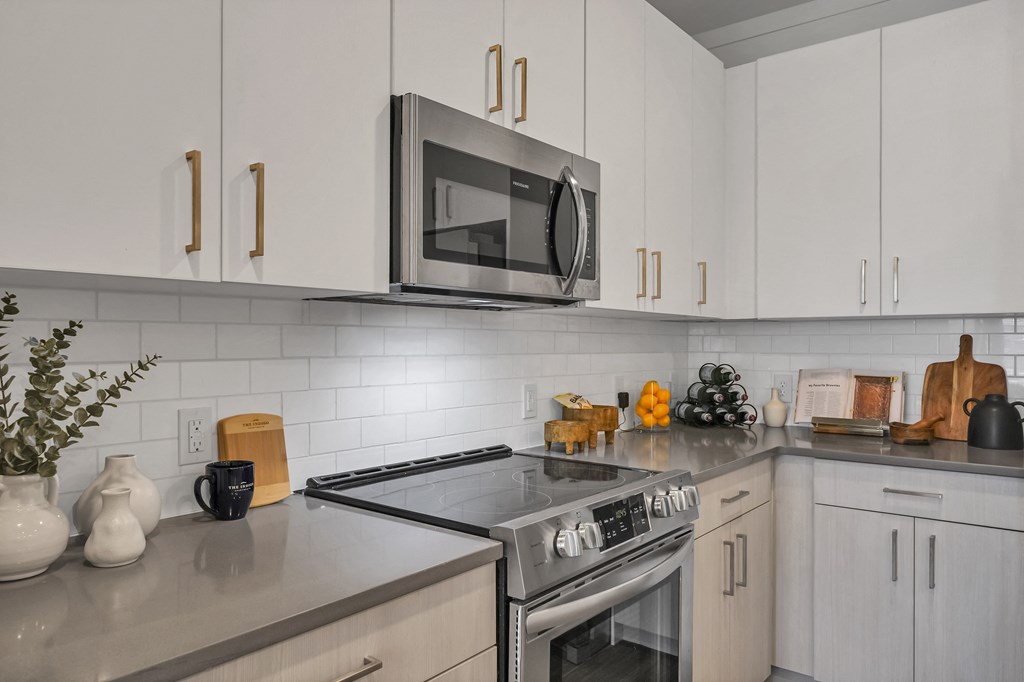a kitchen with white cabinets and stainless steel appliances at The Indigo Apartments, Canton, Georgia