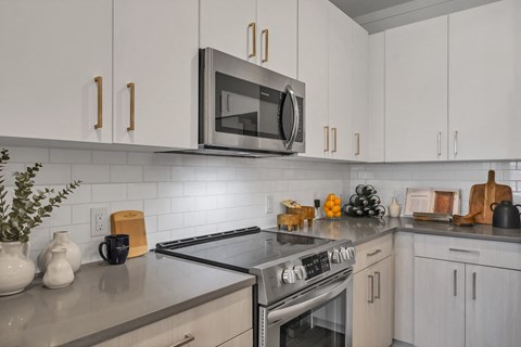 a kitchen with white cabinets and stainless steel appliances at The Indigo Apartments, Canton, Georgia