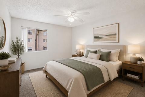 A bedroom with a large bed and a painting on the wall.