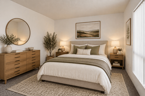 A bedroom with a large bed, a dresser, and a round mirror on the wall.