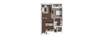 A small apartment with a bedroom, living room, and kitchen.