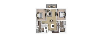 A 3D floor plan of a house showing a kitchen, living room, and two bedrooms.