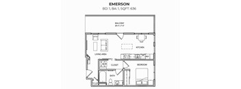 A floor plan of a one bedroom apartment with a living area, kitchen, bathroom and closet.