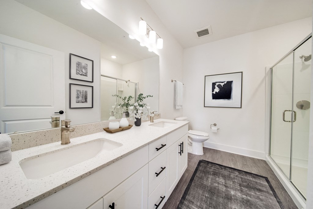 a bathroom with two sinks and a shower and a toilet