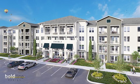 A rendering of a building with the name "Everly" on it.