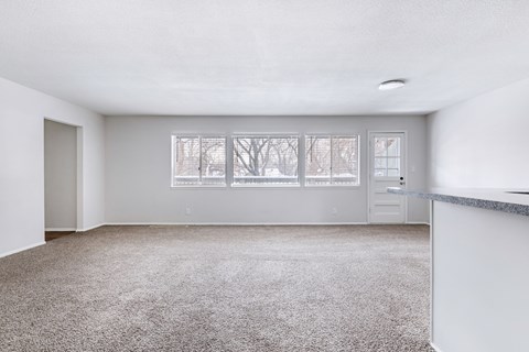 A sparsely furnished room with a carpeted floor and a large window.