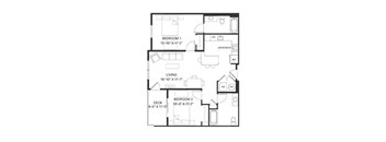 A black and white image of a house floor plan with three bedrooms and a living area.