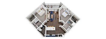 A top-down view of a house layout with a kitchen, living room, and dining area.