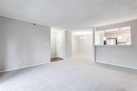 the living room and kitchen of a renovated apartment with white carpet