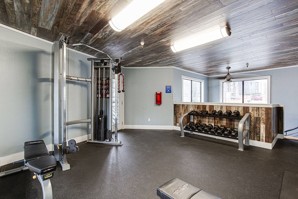 Fitness center free weights at Elevate Twenty Three, Smyrna, Georgia