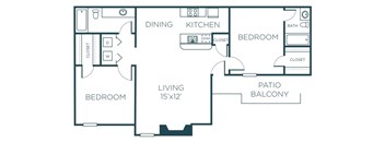 A black and white floor plan of a living space with a kitchen, dining area, and two bedrooms.