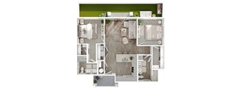 A detailed floor plan of a house with a kitchen, living room, dining room, and bathrooms.