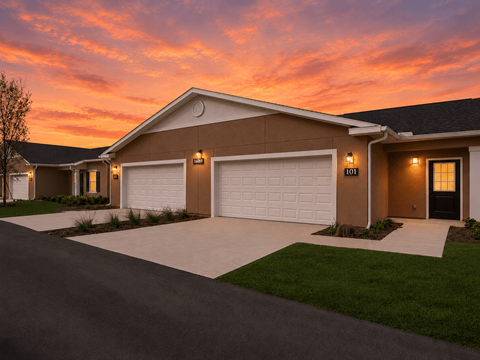 A house with a brown and white exterior and a black garage door.
