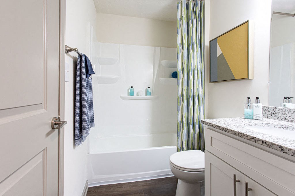 a bathroom with a shower and a toilet and a sink
