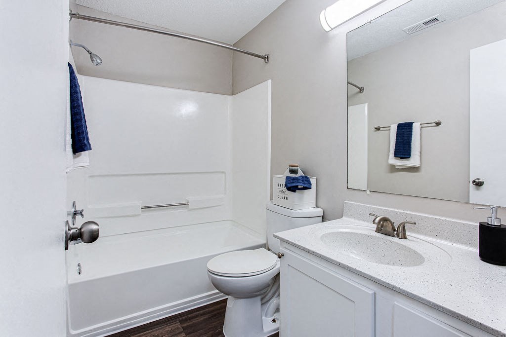 a bathroom with a toilet sink and a mirror at Magnolia Place at Stockbridge Apartments, Georgia