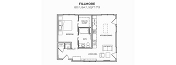 A floor plan of a one bedroom, one bathroom apartment.