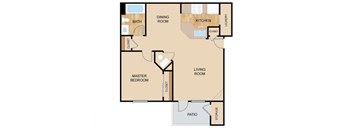 A floor plan of a house with a master bedroom, living room, kitchen, dining room, bathroom, and patio.