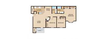A floor plan of a house with a living room, two bedrooms, a kitchen, a dining room, two bathrooms, a laundry room, a pantry, a storage area, and a patio.