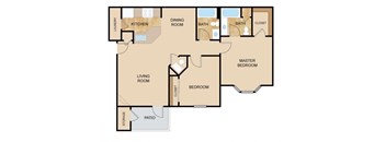A floor plan of a house with a living room, dining room, kitchen, two bathrooms, two bedrooms, a pantry, and a storage area.