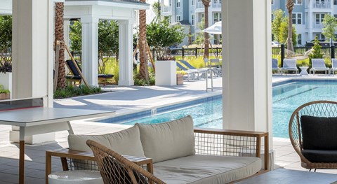 Covered seating by the pool