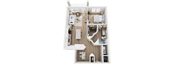 A top-down view of a small apartment with a kitchen, living room, and bedroom.