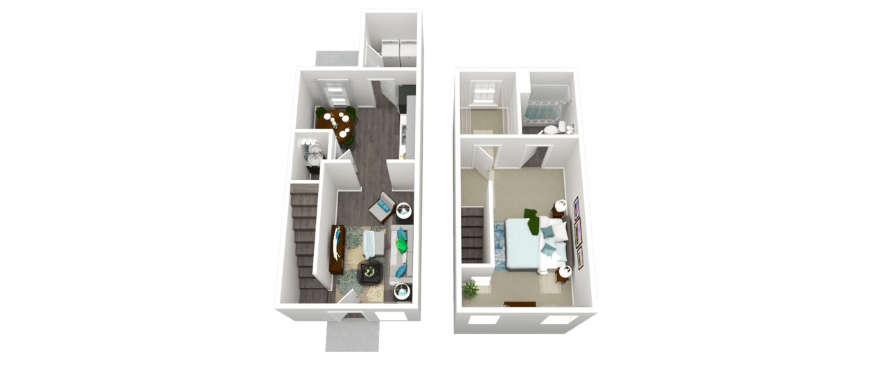 A 3D image of a floor plan showing two rooms with furniture and appliances.