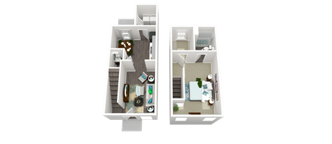 A 3D image of a floor plan showing two rooms with furniture and appliances.