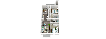 A floor plan of a small apartment with a kitchen, living room, and bathroom.