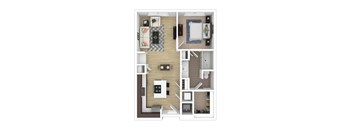 A top-down view of a small apartment with a kitchen, living room, and bedroom.