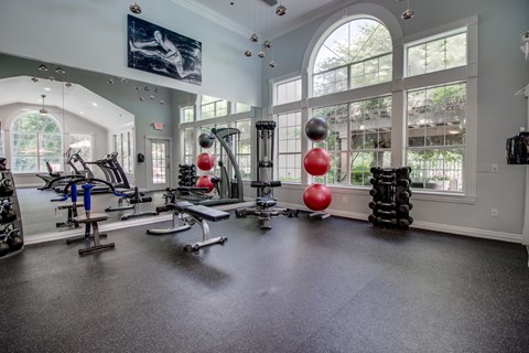 A gym with a variety of equipment including weights and exercise machines.