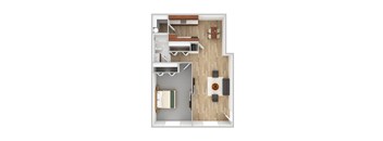 A top down view of a small apartment with a bedroom, living room, and kitchen.