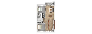 A top down view of a small apartment with a bedroom, living room, and kitchen.