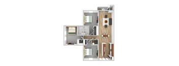 A 3D floor plan of a small apartment with two bedrooms, a living room, a kitchen, and a bathroom.