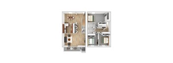 A floor plan of a two-bedroom apartment with a living room, kitchen, and bathroom.