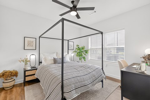 Bright primary bedroom featuring a ceiling fan, abundant natural light, walk-in closet, and private bathroom at Farmhouse Apartments in Murfreesboro.