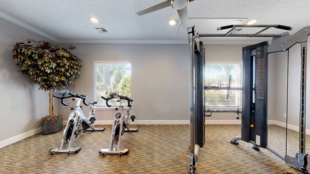 the gym at the whispering winds apartments in pearland, tx  at Vue on Medlock, Georgia